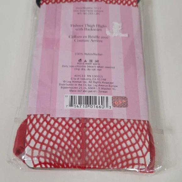 Red Leg Avenue fishnet thigh-high stockings featuring a backseam and lace top.  - Picture 2 of 3